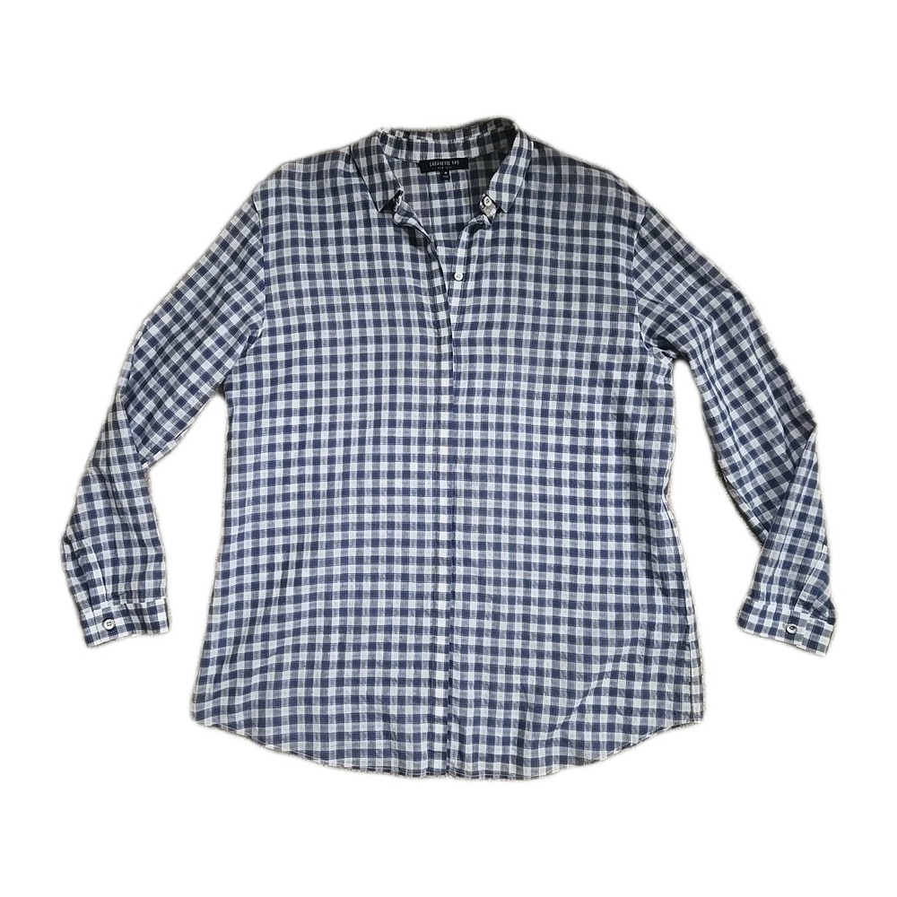 Lafayette 148 Sz M Blue White Checkered Gingham Button Down Tunic Top Long Sl